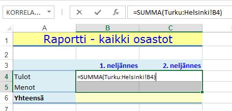 Osoitin Kuva 285 Yhteenveto- työarkki Valitse osoitinta vetämällä alue B4:C5. Kirjoita valittuun soluun alku kaavasta =SUMMA(. Napsauta Turku-välilehden valitsinta sekä siellä solua B4.