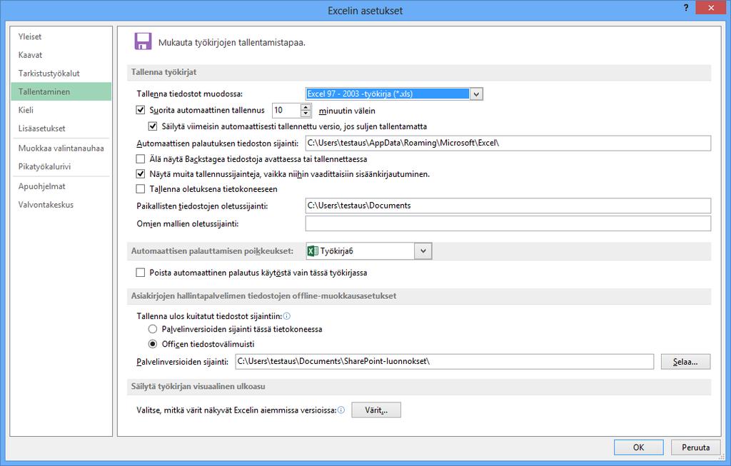 Oletustallennusmuodon muuttaminen Excel 2013 taulukkolaskentaohjelman oletustallennusmuoto on Office XML -tiedostomuoto.