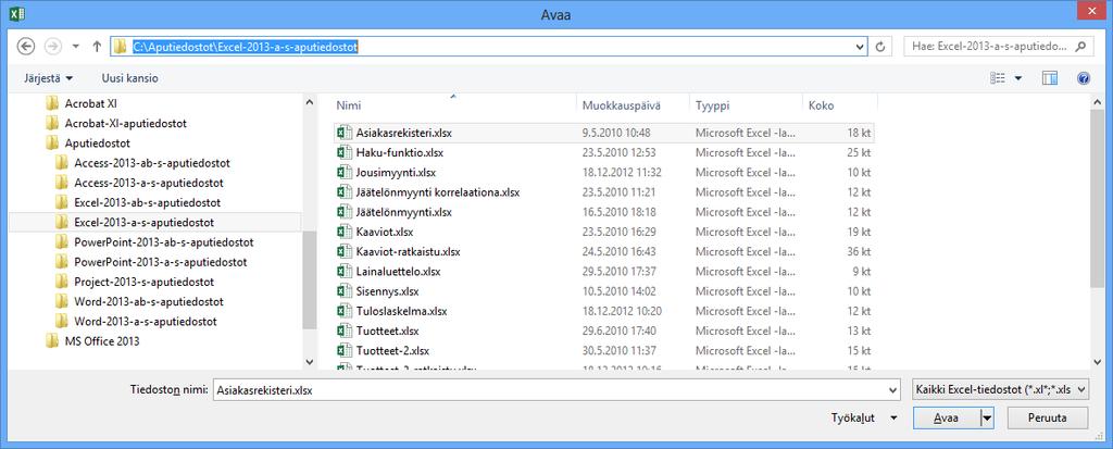 Tiedoston avaaminen! Avaat olemassa olevan työkirjan helpoiten näppäinyhdistelmällä Ctrl + o. Asiakirjan voit avata myös napsauttamalla Tiedosto (File) -valikosta Avaa (Open) -komentoa.