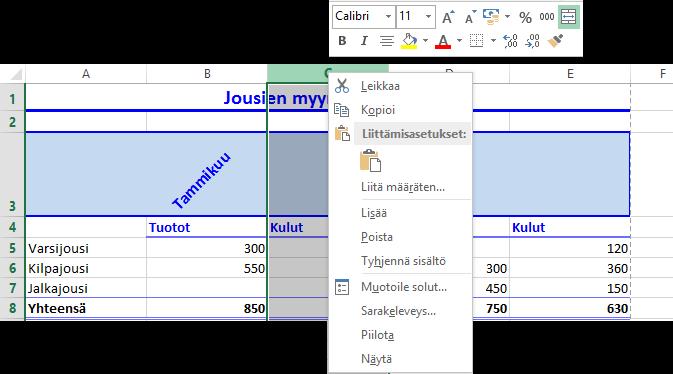 Sarake Yhteen sarakkeeseen (Column) syötetään yhden osatekijän tietoja.