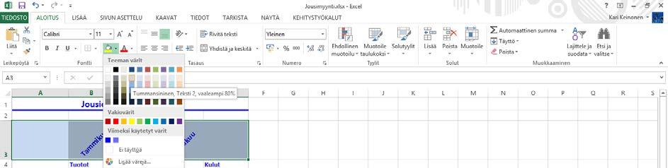 Harjoitustiedosto: Jousimyynti.xlsx Solun ja alueen taustaväri sekä reunaviiva Valikoima kirjasinvärin muuttamiseksi Kuva 81 Valitun alueen taustaväri Kuvassa on valittu solualue vetämällä.