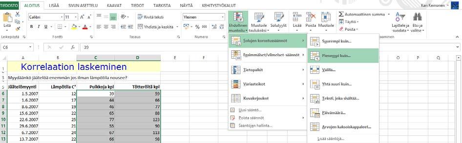 Ehdollinen muotoilu Ehdollisella muotoilulla (Conditional Formatting) korostat alueen niitä arvoja, jotka poikkeavat muiden solujen arvoista tai vastaavat määrittämääsi arvoa.