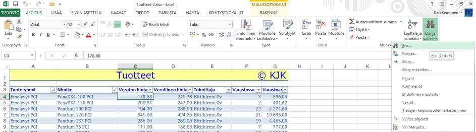 Etsi - Korvaa toiminnot Aloitus (Home) -välilehdellä on erinomaiset työkalut asiakirjan tietojen etsimiseen ja usein toistuvan kirjoitetun tiedon korvaamiseen sekä erilaisten valintojen tekemiseen.