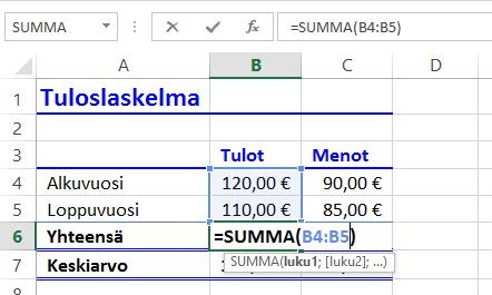 Kaavat Kaava on laskennallinen kokonaisuus. Kaavassa yhdistetään laskentaoperandit, valmiit funktiot, soluosoitteet ja vakiot - joskus myös tekstisisältöjä. Kaavan pituus ei saa ylittää 8192 merkkiä.