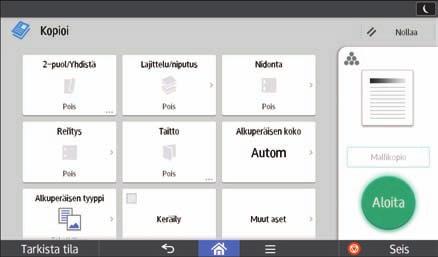 Kunkin sovelluksen käyttö Nro Kuvake Kuvaus 3 4 5 Voit määrittää paperikasetin, joka sisältää paperia, jolle haluat kopioida. Voit määrittää tehtävien kopioiden määrän.