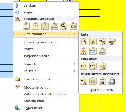 27 Kopioidut tiedot liitettiin määräten siten, että tiedot lisätään solussa olevaan lukuun ja solut jossa ei ole lukua jätetään huomioimatta. Kuvassa 6.7 näkyy liitä määräten toiminnon sijainti.