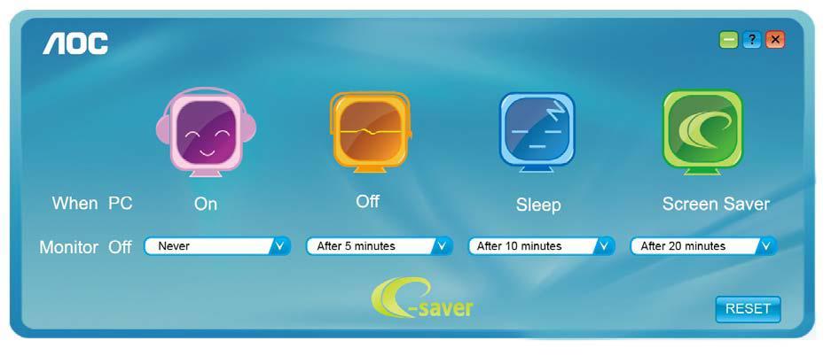 e-saver Tervetuloa käyttämään AOS e-saver -näytön virranhallintaohjelmistoa!