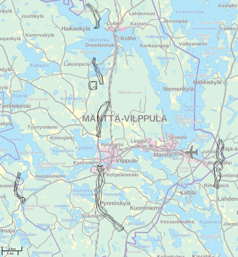 29 Kuva 12. Mänttä-Vilppulan alueella sijaitsevat pohjavesialueet. Pohjavesialueet sijaitsevat Vilppulan pohjois- ja eteläpuolella sekä Mäntästä itään.