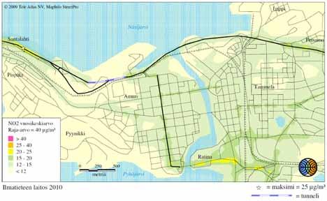 Altistuminen liikenteen typpidioksidi- ja pienhiukkaspäästöille on vaihtoehdossa 1 (kun kaupunkirakenteen muuttumista ei oteta huomioon) suurinta Tampereen ydinkeskustassa.