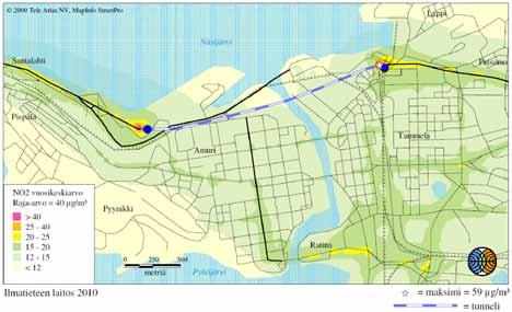 Vaihtoehdossa 2 suurimmat typpidioksidi- ja pienhiukkaspitoisuudet muodostuvat Rantaväylän pitkän tunnelin suuaukkoalueille Onkiniemen ja Naistenlahden alueille.