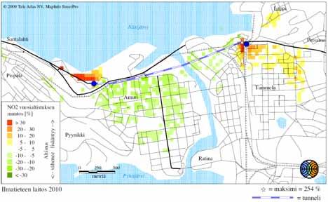 Typpidioksidin vuorokausikeskiarvopitoisuudet ylittävät ohjearvot tunnelin suuaukkoalueilla Onkiniemessä ja Naistenlahdessa suunnasta riippuen 50 250 metrin etäisyydellä suuaukosta.