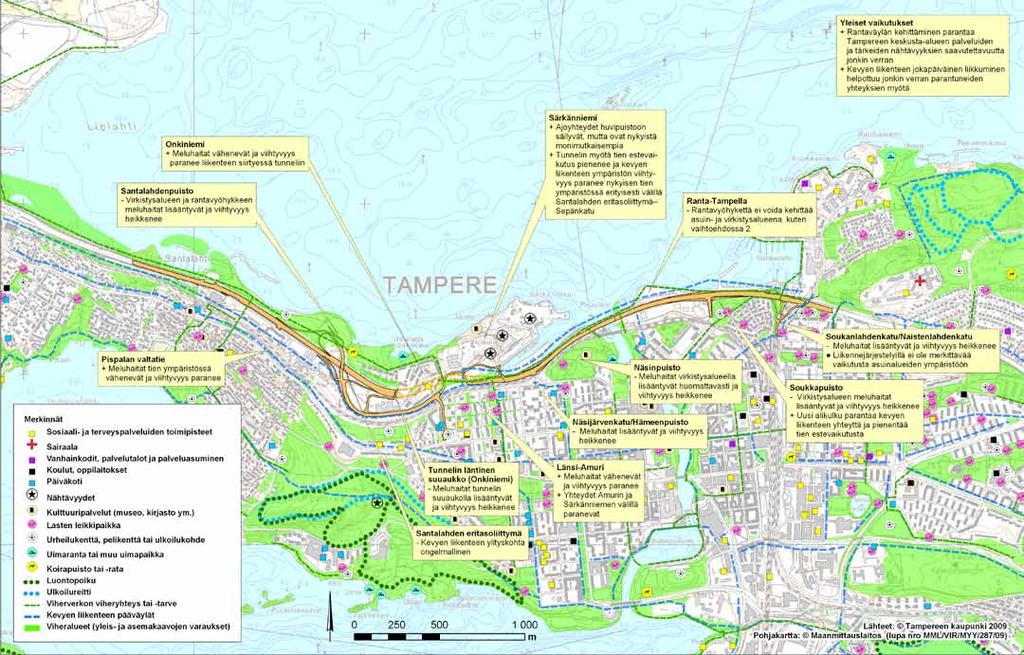 Kuva 10.11. Vaikutukset ihmisten elinoloihin ja liikkumiseen, vaihtoehto 1.