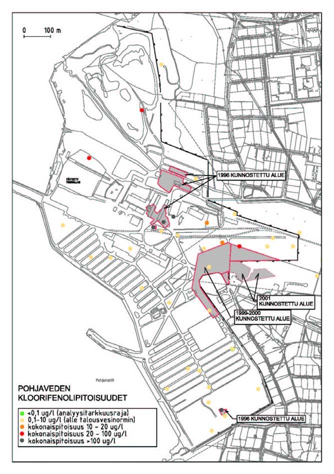 MiW, SaY, PeT, TaL, LaR 7.12.2004 26 Kuva 9. Pohjavedessä havaitut pitoisuudet saha-alueella.