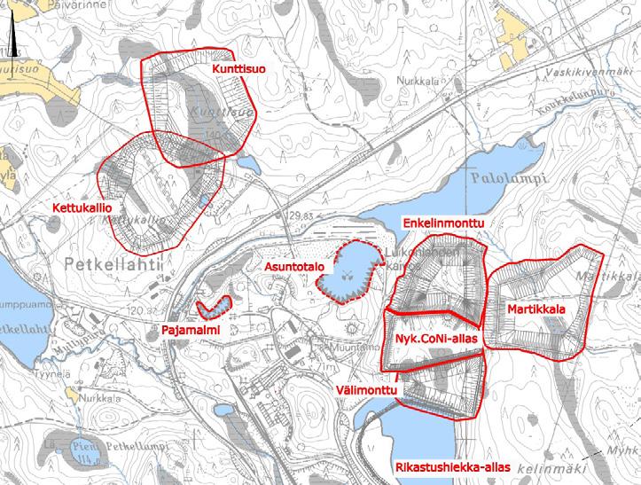 Kuva 6-1. Sivutuotteiden ja kaivannaisjätteiden mahdolliset sijoituspaikat, vaihtoehdot VE1 ja VE2. ympäristölupahakemuksen mukainen max.