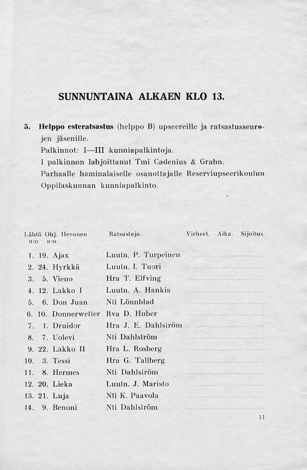 SUNNUNTAINA ALKAEN KLO 13. &. Helppo esteratsastus (helppo B) upseereille ja ratsastusseurojen jäsenille. Palkinnot: I III kunniapalkintoja. 1 palkinnon lahjoittanut Tmi Cadenius & Grabn.