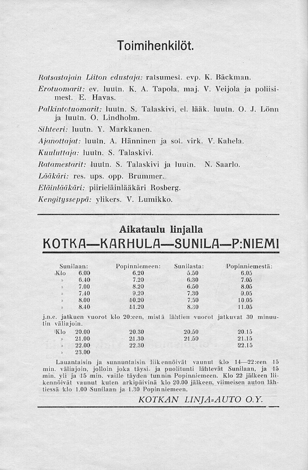 Toimihenkilöt. Ratsastajain Liiton edustaja: ratsumest. evp. K. Bäckman. Erotuomarit: cv. luutn. K. A. Tapola, maj. V. Veijola ja poliisimest. E. Havas. Palkintotuomarit: luutn. S. Talaskivi, el.