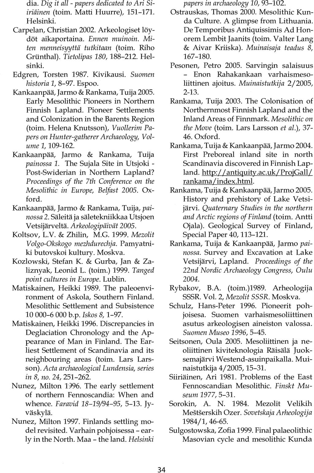 dia. Dig it all - papers dedicated to Ari Siiriäinen (toim. Matti Huurre), 151-171. Helsinki. Carpelan, Christian 2002. Arkeologiset löydöt aikaportaina. Ennen muinoin.