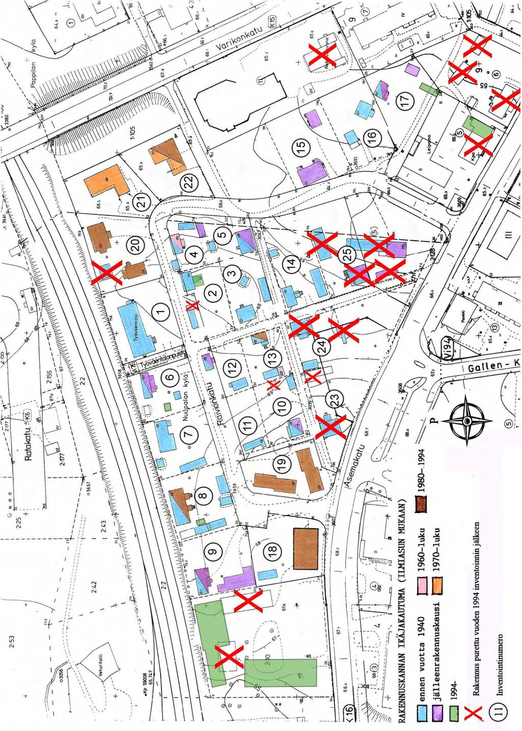 Inventointialueen kartta, rakennusten ikäjakauma ja