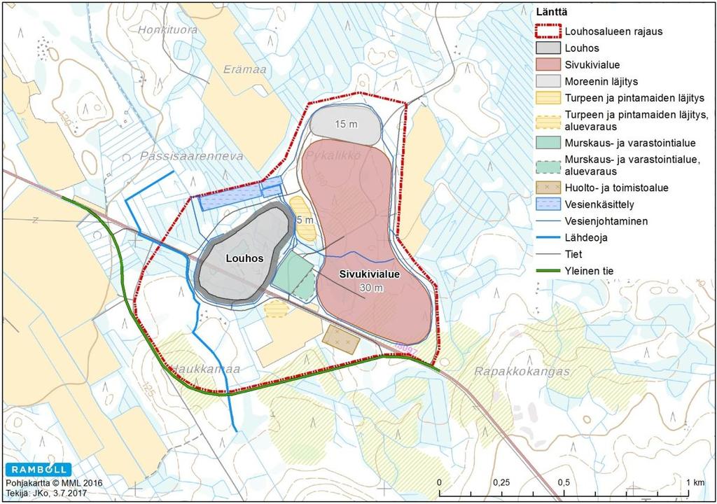 NATURA-ARVIOINTI 7 4.4 Louhosten toiminta 4.4.1 Toimintojen vaatimat pinta-alat Louhoksille, turpeen ja moreenin läjitykselle sekä sivukivialueille varatut pinta-alat on esitetty taulukossa 4-1.
