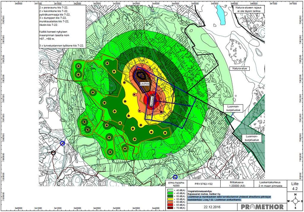 NATURA-ARVIOINTI 16 Kuva 4-11. Louhinnan ja murskauksen sekä turvetuotannon yhdessä aiheuttama päiväajan keskiäänitaso LAeq 7-22 Rapasaaren louhoksella. Louhinnan aloitustilanne. Kuva 4-12.