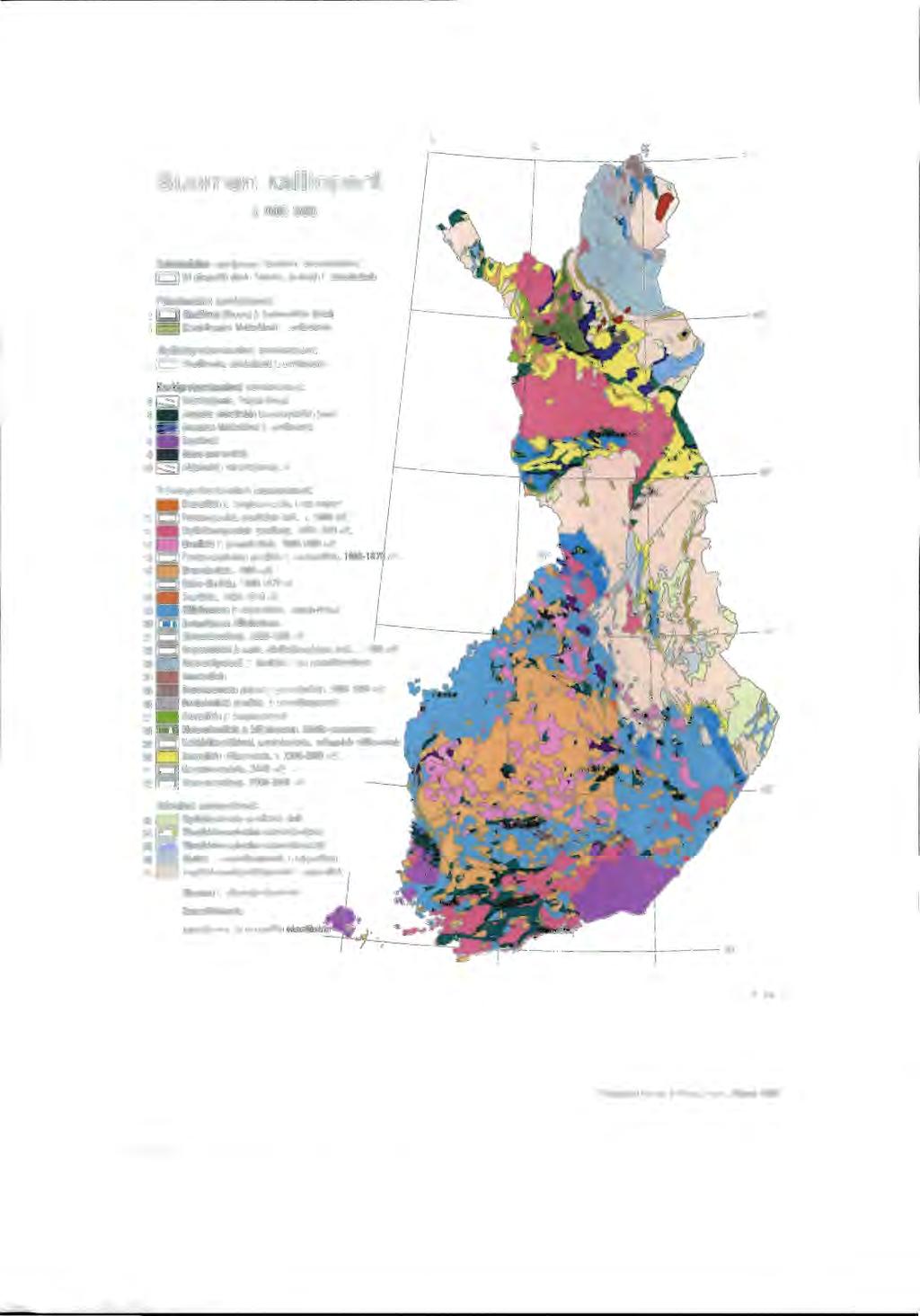 8 Suomen kallioperä 1: 5 000 000 Kaledoniidien vuorijonoon kuuluvat muodostumat: 1 - Eri alkuparll olevia liuskaita, gneissljl ja intrusivikivil Paleotsooiset muodostumat: 2 - Aikalikivei (livaaral