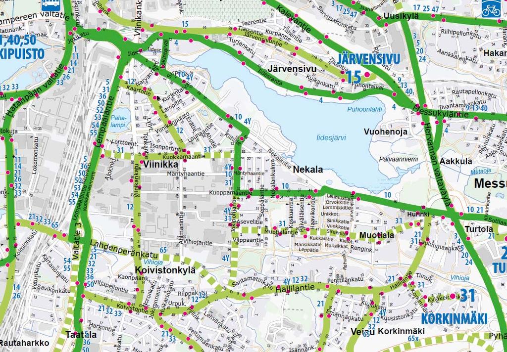 Liikenneverkko Bussireitit, bussipysäkit (nykytila ja Kuokkamaantien