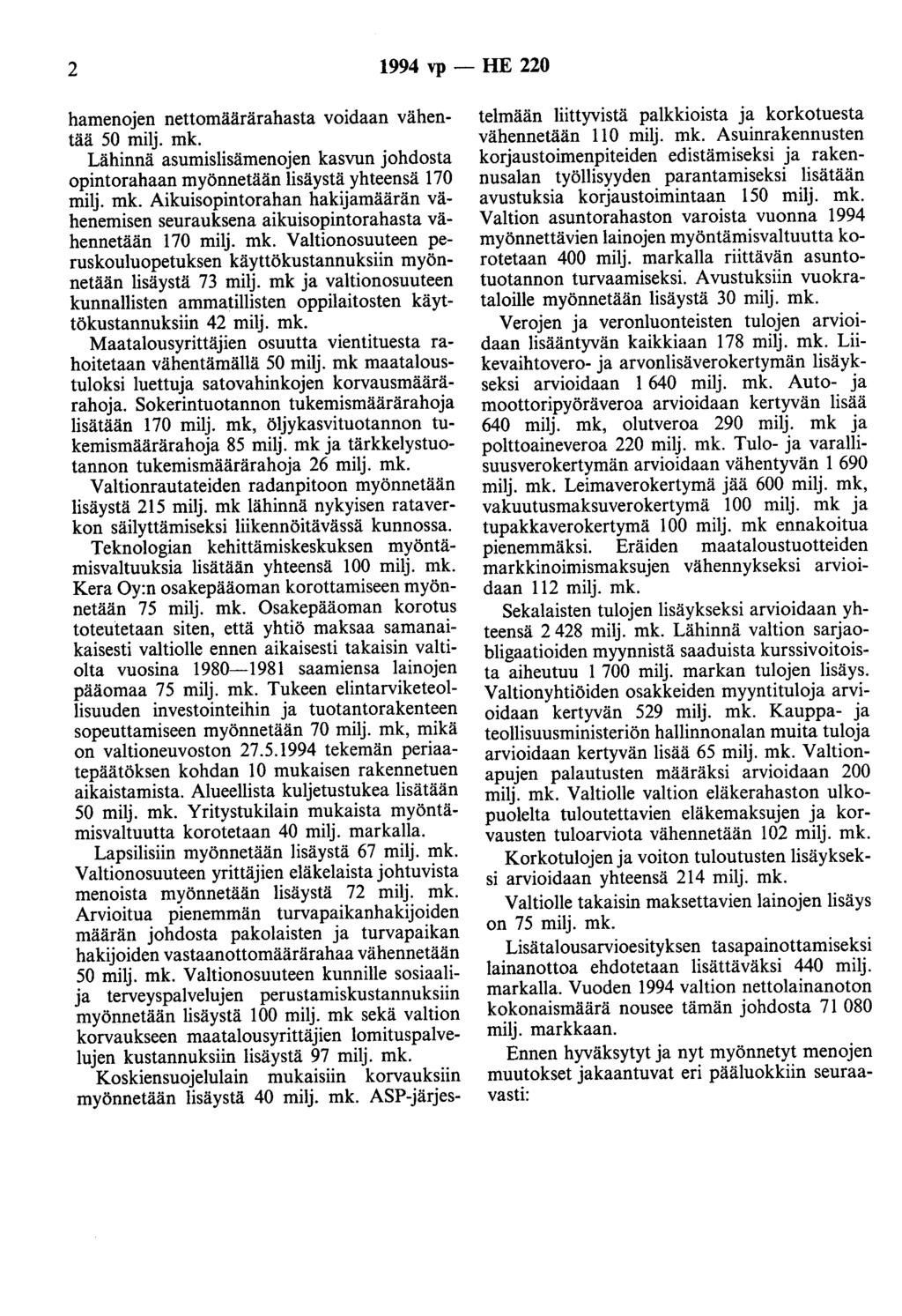 2 1994 vp- HE 220 hamenojen nettomäärärahasta voidaan vähentää 50 milj. Lähinnä asumislisämenojen kasvun johdosta opintorahaan myönnetään lisäystä yhteensä 170 milj.