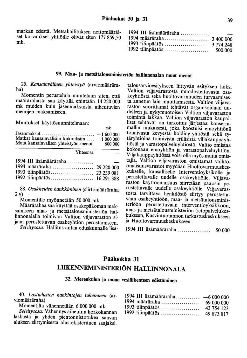 Pääluokat 30 ja 31 39 markan edestä. Metsähallituksen nettomääräiset korvaukset yhtiöille olivat siten 177 859,50 1994 III lisämääräraha.... 1994 määräraha.... 1993 tilinpäätös.... 1992 tilinpäätös.