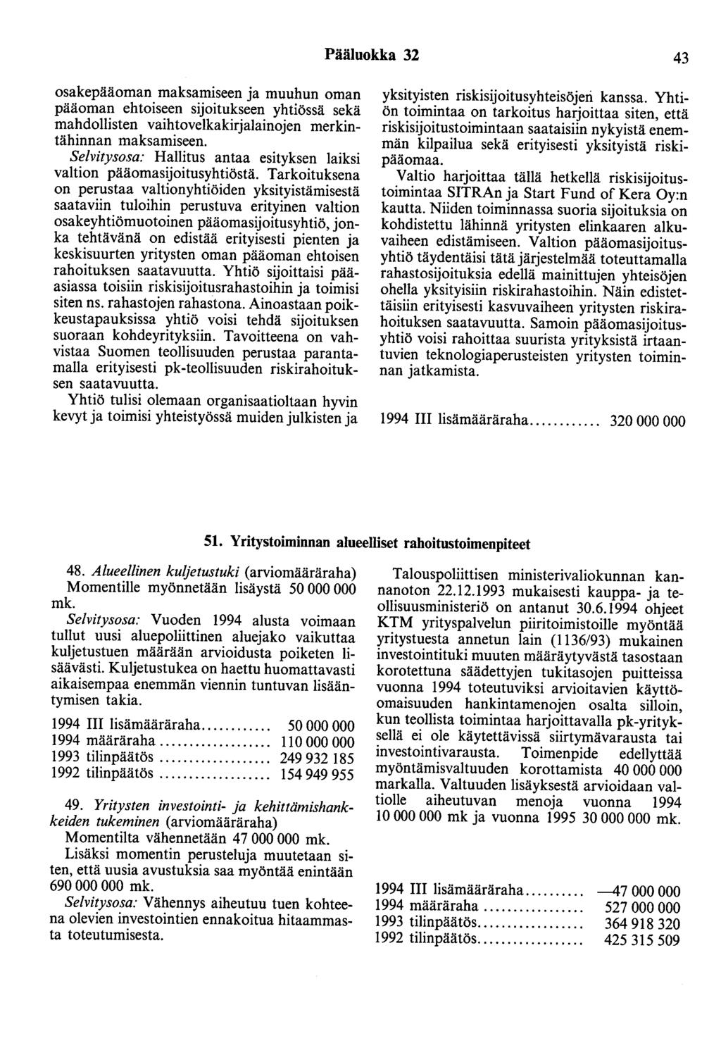 Pääluokka 32 43 osakepääoman maksamiseen ja muuhun oman pääoman ehtoiseen sijoitukseen yhtiössä sekä mahdollisten vaihtovelkakirjalainojen merkintähinnan maksamiseen.