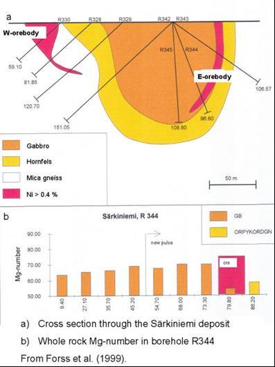 Kuva 11. Särkiniemen intruusion läpileikkaus kontaktivyöhykkeineen Forss et al. (1999). 3.