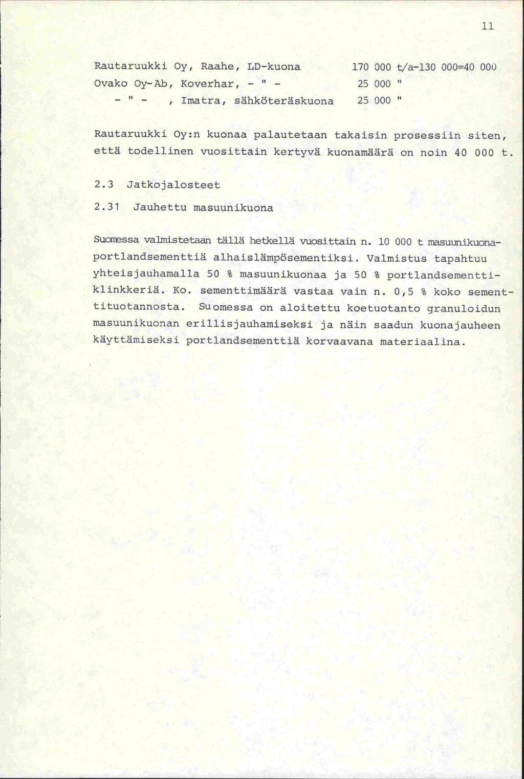 ISI Rautaruukki Oy, Raahe, LD-kuona 170 000 t/a-130 00040 000 Ovako Oy- Ab, Koverhar, - - 25 000 - -, Imatra, sähköteräskuona 25 000 Rautaruukki Oy:n kuonaa palautetaan takaisin prosessiin siten,