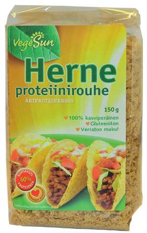 VegeSun Herneproteiinirouhe 150 g Kasvis-, vegaani- ja keliakiaruokavalioihin sopiva kasvisproteiinirouhe. Kypsentämättä käyttövalmis, ei vaadi liottamista.