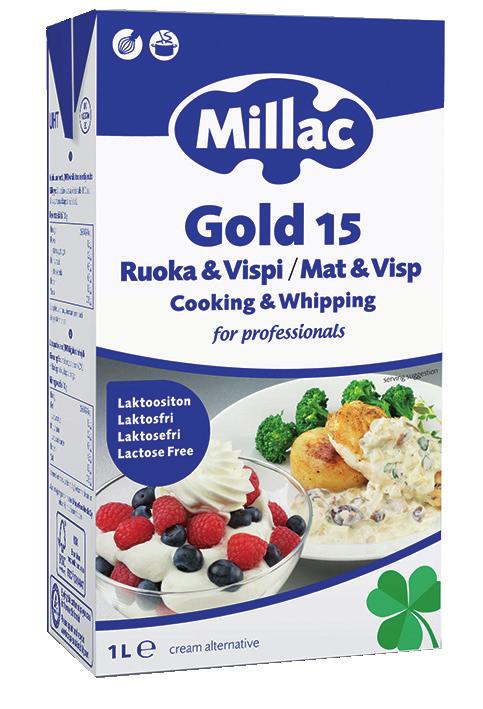 Millac Gold 15 Ruoka & Vispi UHT, 1 litra kasvirasvan ja kerman sekoite laktoositon Kevyempi vaihtoehto ruoanvalmistukseen ja jälkiruokiin. Antaa n. kolminkertaisen kevyen ja kestävän vaahdon.