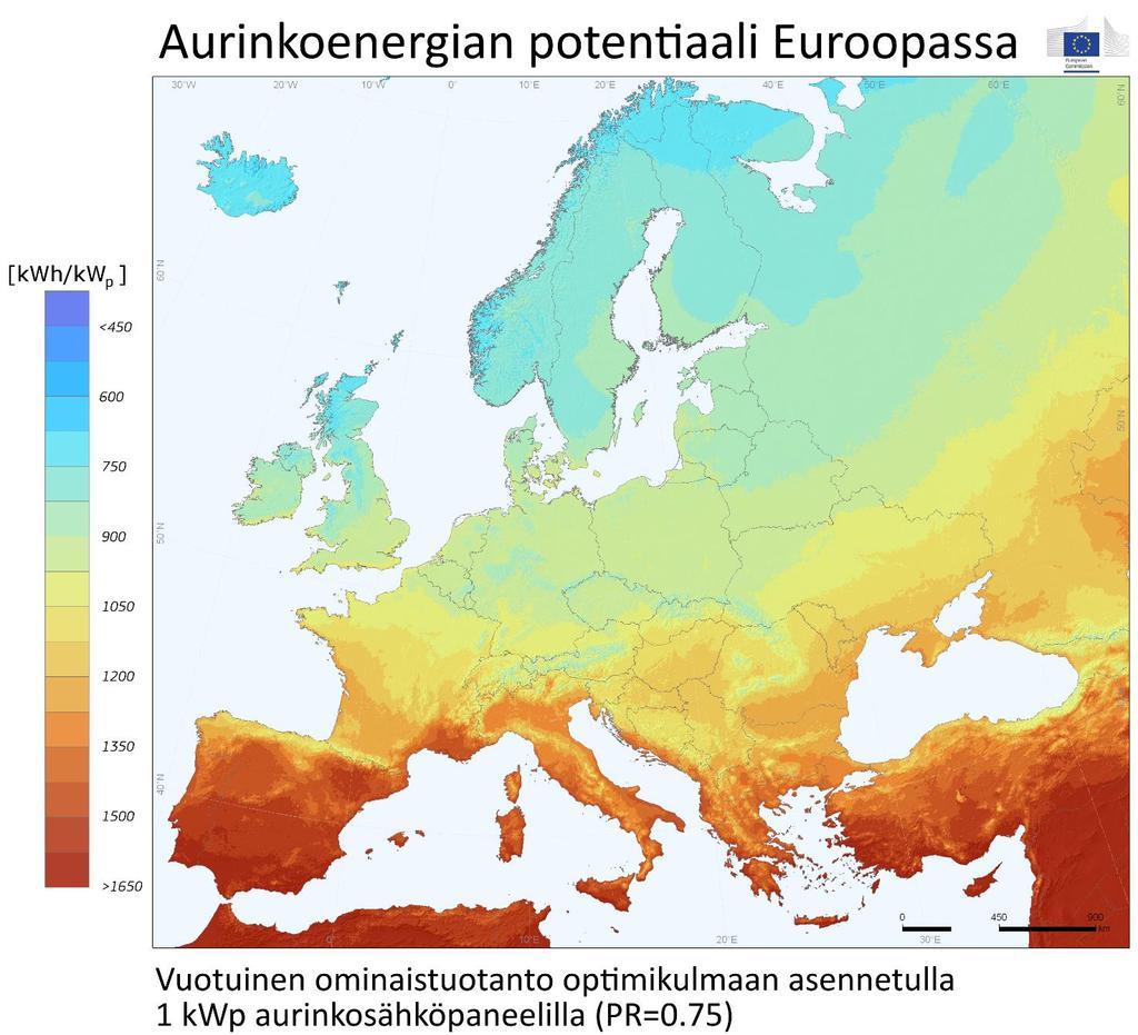 6 Kuva 2.1 Auringonsäteilyteho Euroopassa. (PVGIS European Union, 21-212) 2.2 Lämpötila Koska aurinkosähköpaneelien toiminta perustuu puolijohde tekniikkaan, vaikuttaa lämpötila sen toimintaan.