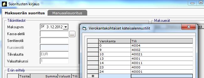 2.10.2 Suoritukset 4. Finvoice-aineistosta, jolloin toimittajakortistossa tilimuutos on jo tehty ja verokantakohtaiset tilit määritelty.