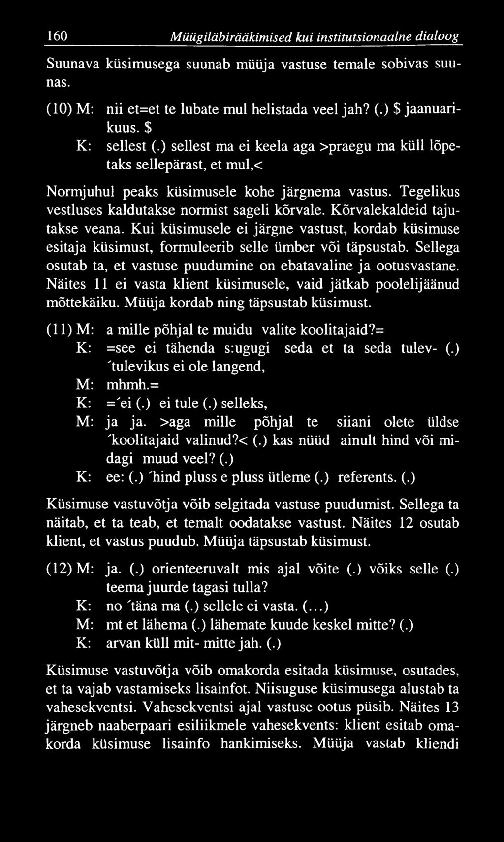 160 M üügiläbirääkim ised kui institutsionaalne dialoog Suunava küsimusega suunab müüja vastuse temale sobivas suunas. (10) M: nii et=et te lubate mul helistada veel jah? (.) $ jaanuarikuus.