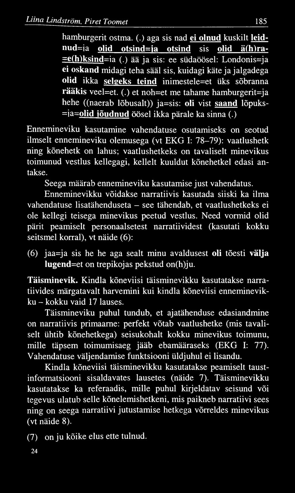 Liina Lindström, P iret Toomet 185 hamburgerit ostma. (.) aga sis nad ei olnud kuskilt leidnudki a olid otsind=ia otsind sis olid ä(h)ra- =e(h)ksind=ia (.