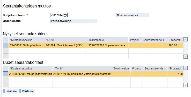 Palvelussuhteen tietojen muutos: kustannuspaikan muutos 3) Toimenpiteen perusteen valinnan jälkeen lomakkeella