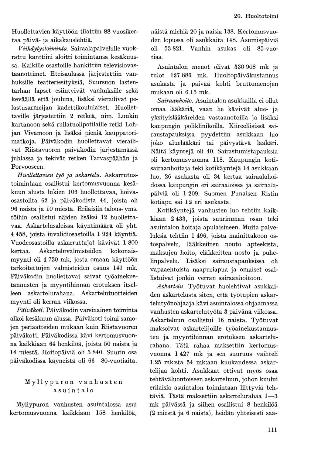 20. Huoltotoimi Huolettavien- käyttöön tilattiin 88 vuosikertaa päivä- ja aikakauslehtiä. Viihdytystoiminta. Sairaalapalvelulle vuokrattu kanttiini aloitti toimintansa kesäkuussa.