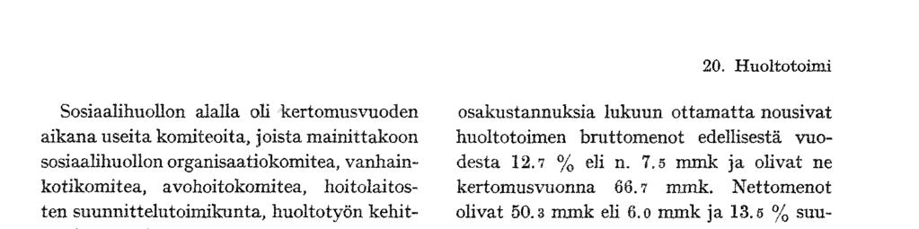 20. Huoltotoimi aikana useita komiteoita, joista mainittakoon kotikomitea, avohoitokomitea, hoitolaitostämistä tutkiva toimikunta taan ja kin entistä bruttomenot desta 12.7 % eli n. 7.