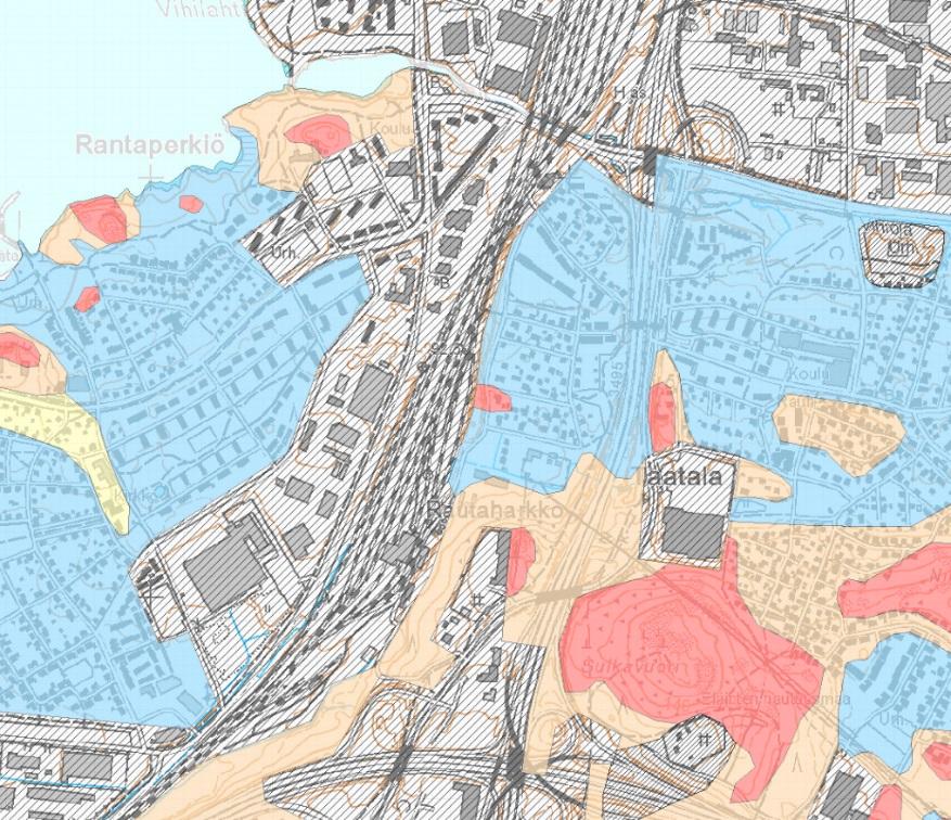 Insinööritoimisto Saanio & Riekkola Oy) Geologian tutkimuskeskuksen (GTK) maaperäkartan mukaan osin kalliota, hiekkamoreenia ja savea,