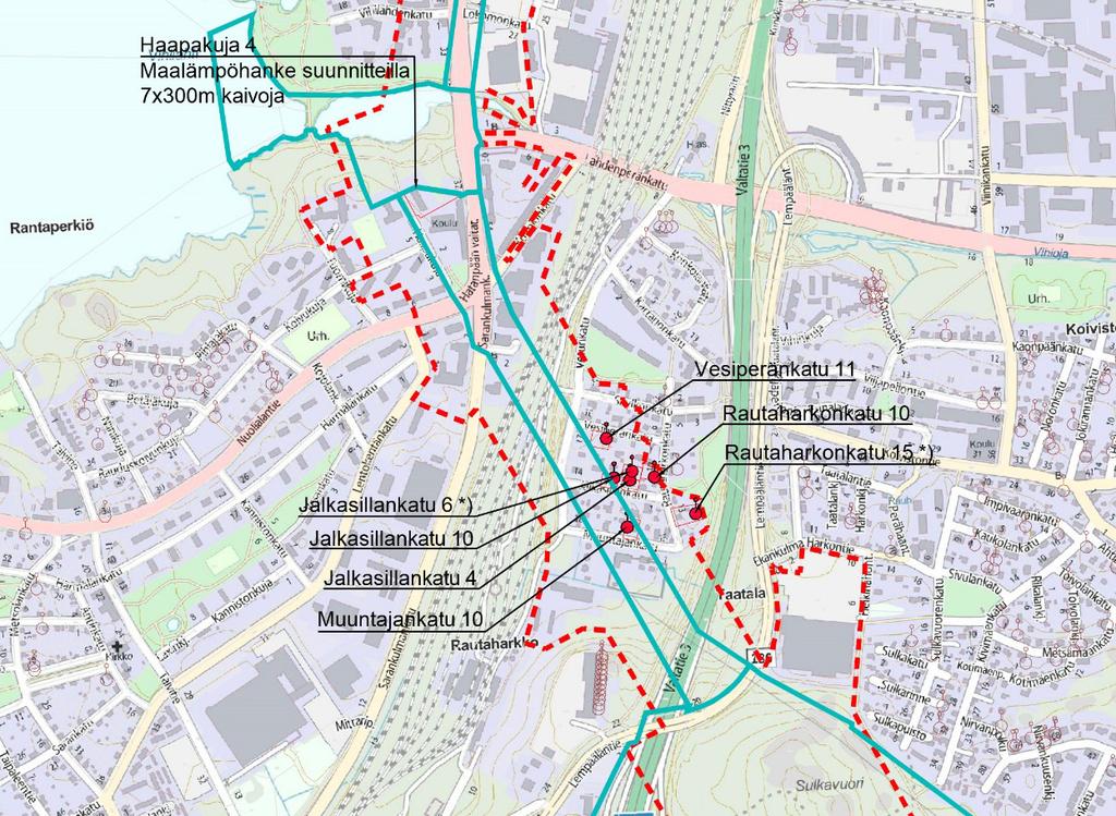 Tekninen huolto Hankesuunnittelun yhteydessä tehdyn lämpö- ja porakaivojen kartoituksen (tilanne 15.1.2016 Ramboll Finland Oy) mukaan suunnittelualueelle sijoittuu kuusi maalämpökaivoa ja yksi porakaivo.