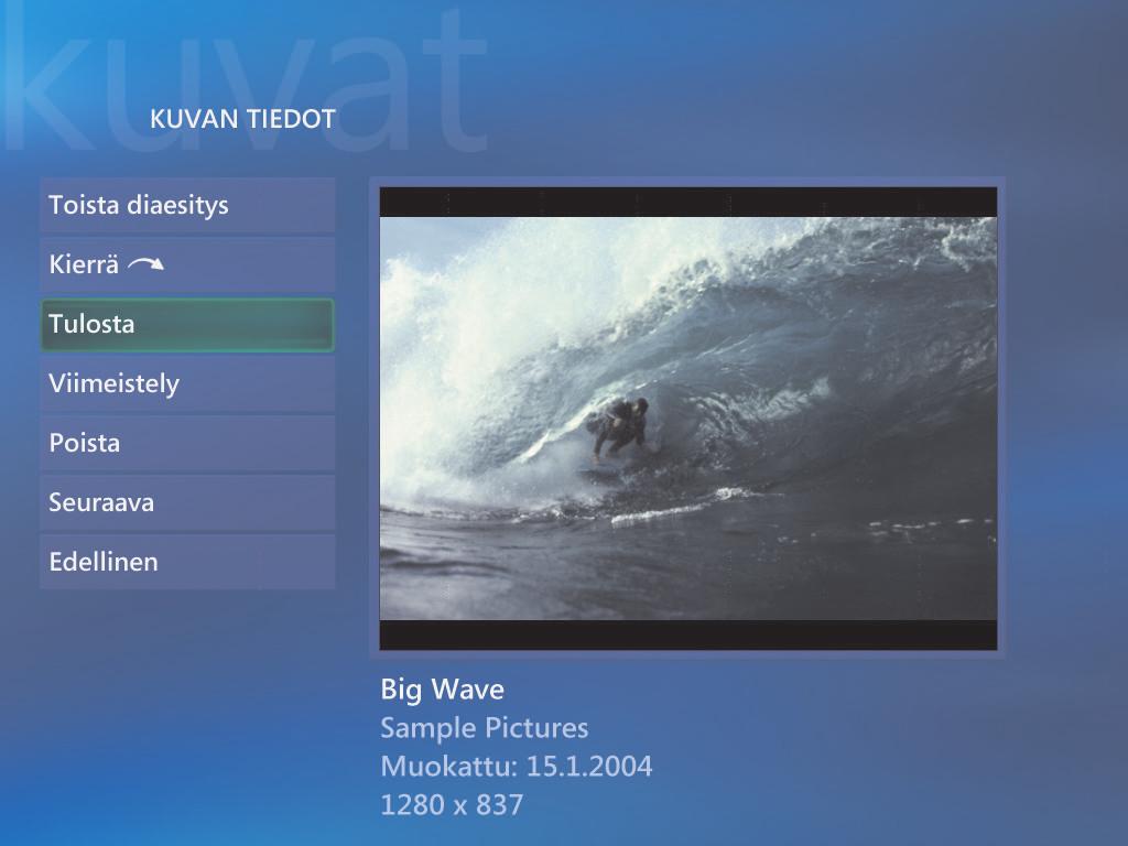 Kuvien kiertäminen Jos kuvasi on vaaka- tai pystysuunnassa ja haluat muuttaa suuntaa, voit muuttaa sitä Media Centerissä: 1 Paina kaukosäätimen Media Centerin käynnistyspainiketta tai napsauta