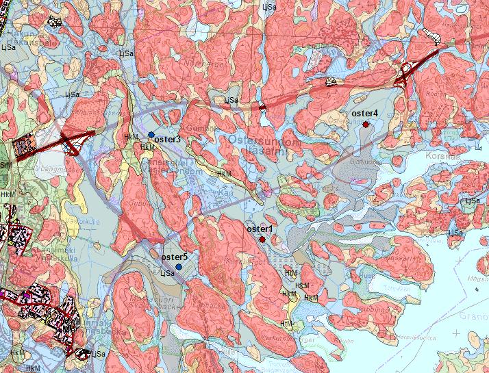 17 1 km Kuva 4. Östersundomin mittapisteet. Kaikista tutkimuspisteistä on tehty ominaisvastusmittaukset, ja sinisellä merkityistä myös suskeptibiliteettimittaukset.