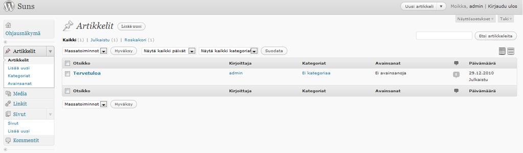 Artikkelivalikko löytyy vasemmasta palkista ja sisältää listan julkaistuista ja