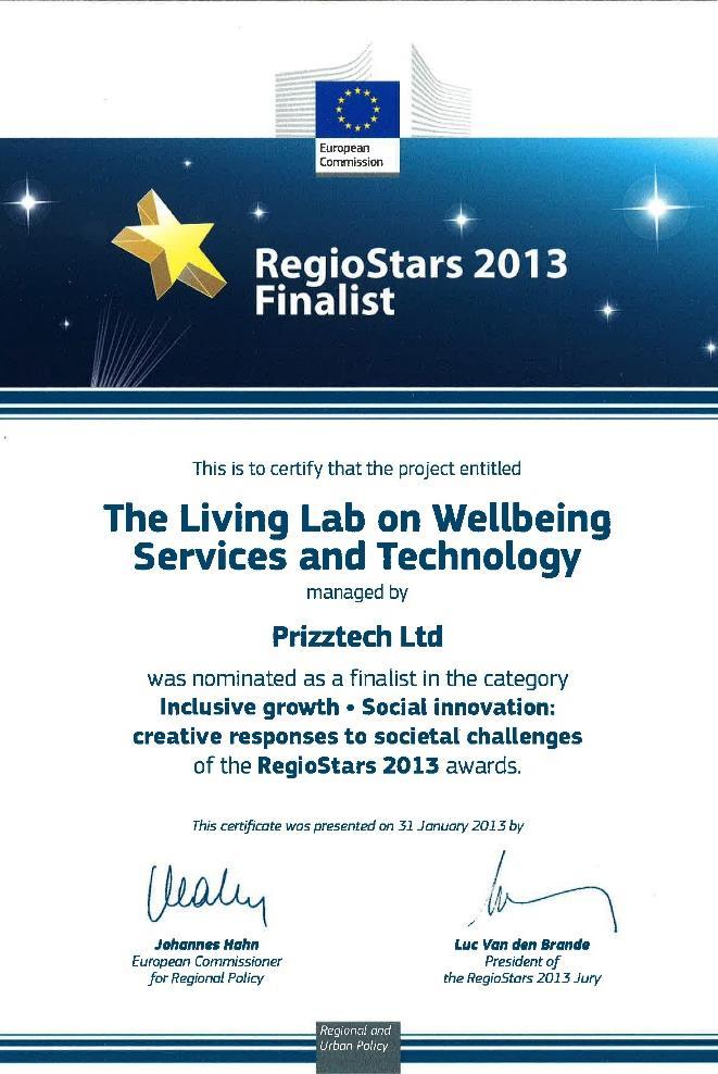 Kokeilutoiminnan tausta Hyvinvointialan Living lab -hanke sijoittui Euroopan komission RegioStars 2013 - kilpailun finaaliin viiden parhaan hankkeen joukkoon sosiaalisten innovaatioiden sarjassa OECD
