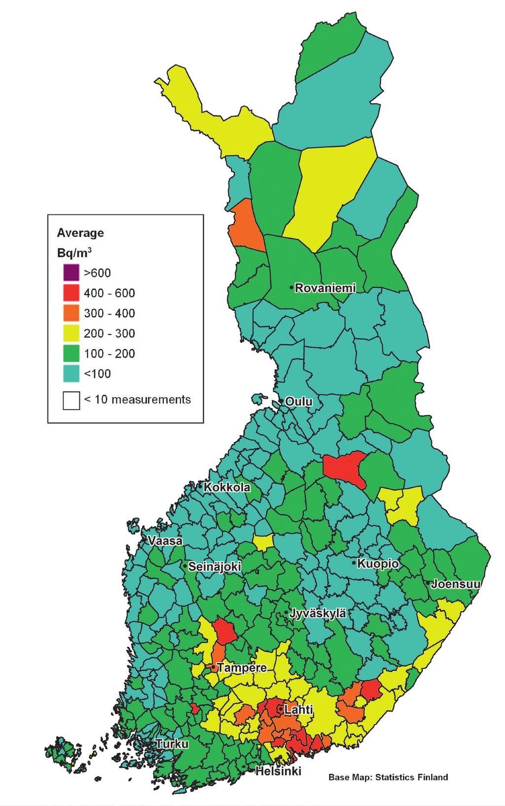 STUK-B 174 Figure 13.1. The average radon level in houses in Finnish municipalities.