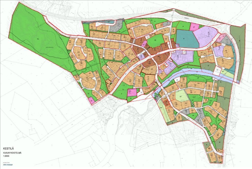 Kestilän asemakaava-alue sisältyy kokonaisuudessaan osayleiskaavoitettavaan alueeseen. Ote Kestilän asemakaavayhdistelmästä.