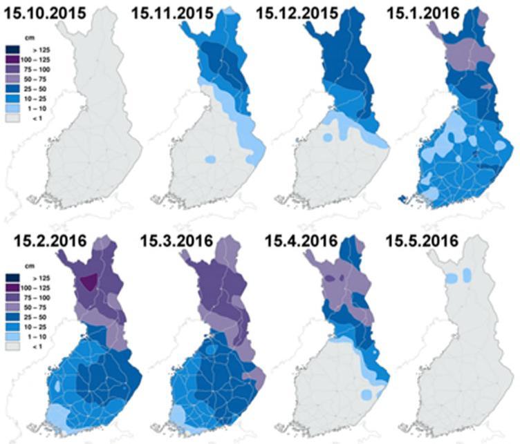 Savo-Karjalan Ympäristötutkimus Oy Kuva 3. Lumen esiintyminen lokakuusta 2015 toukokuuhun 2016. Kesäkuun ensimmäisinä päivinä lämpötila hipoi hellelukemia.