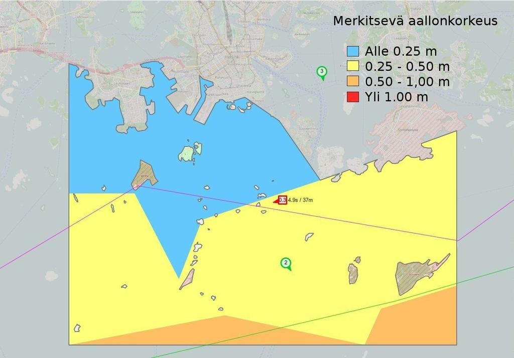 Kuva 12: Yhteenvetosivuilta löytyvä edustavuuskartta antaa poijun mittausten perusteella kuvan siitä, minkä korkuista aallokon arvioidaan olevan Helsingin rannikolla.